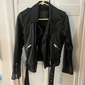 All Saints Black Leather Motorcycle Jacket with Adjustable Belt